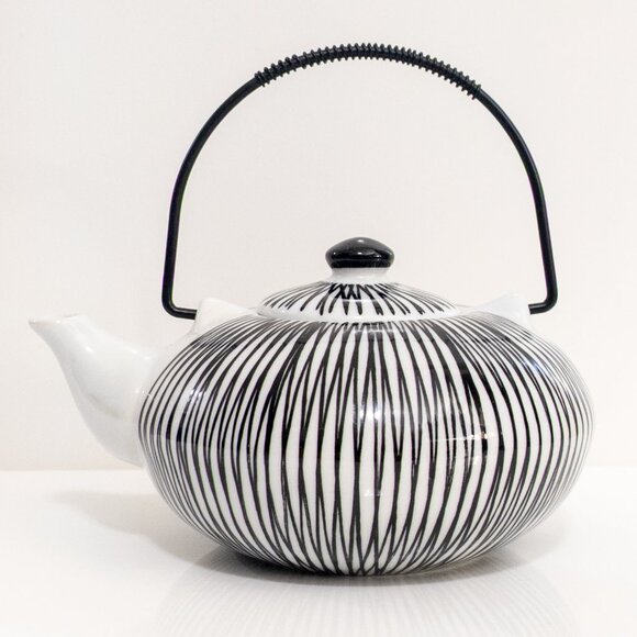 Pier 1 Imports Akina Porcelain Teapot Black White Stripe Modern Japanese Style - Picture 1 of 5